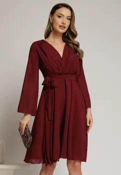 Rochie DY Fashion scurta din voal bordo cu decolteu petrecut si cordon in talie imagine