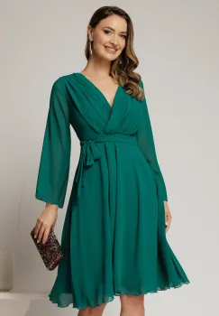 Rochie DY Fashion scurta din voal verde cu decolteu petrecut si cordon in talie imagine