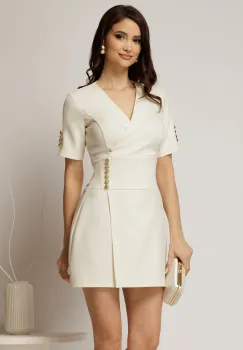 Rochie DY Fashion scurta ivoar cu decolteu petrecut si nasturi pe maneci imagine