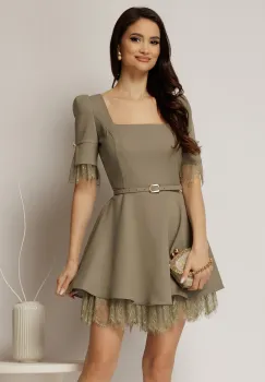 Rochie DY Fashion scurta kaki cu dantela la fusta si maneci imagine