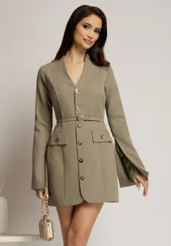 Rochie DY Fashion scurta kaki cu maneci crapate cu dantela imagine