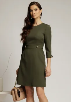 Rochie DY Fashion scurta kaki cu nasturi decorativi pe talie si maneci imagine