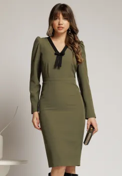 Rochie DY Fashion scurta kaki office conica cu decolteu in V si funda imagine