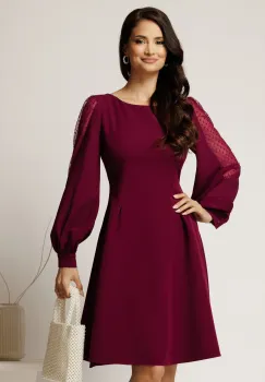 Rochie DY Fashion scurta magenta din stofa in clini cu maneci din tull cu buline imagine