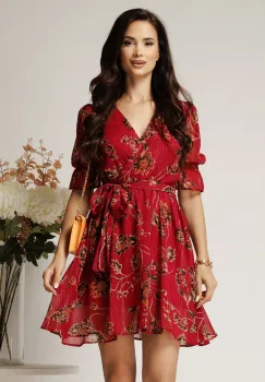 Rochie DY Fashion scurta magenta din voal cu imprimeu floral si fir lurex imagine