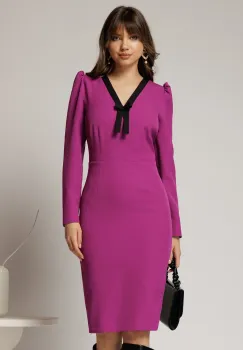 Rochie DY Fashion scurta magenta office conica cu decolteu in V si funda imagine
