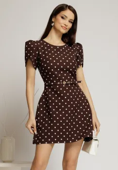 Rochie DY Fashion scurta maro cu buline si maneci tip lalea imagine