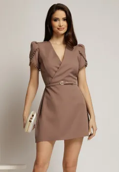 Rochie DY Fashion scurta maro cu maneci scurte cu perle si decolteu petrecut imagine