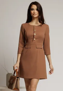 Rochie DY Fashion scurta maro cu nasturi pe bust si fusta tip A imagine