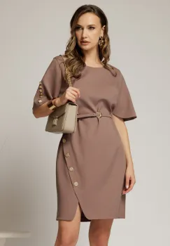 Rochie DY Fashion scurta maro cu nasturi pe maneci si fusta imagine