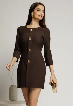 Rochie DY Fashion scurta maro din stofa cu croi cambrat si nasturi decorativi imagine