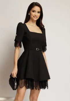 Rochie DY Fashion scurta neagra cu dantela la fusta si maneci imagine