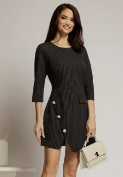 Rochie DY Fashion scurta neagra cu dungi si nasturi pe fusta imagine