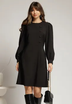 Rochie DY Fashion scurta neagra cu nasturi pe bust si fusta tip A imagine