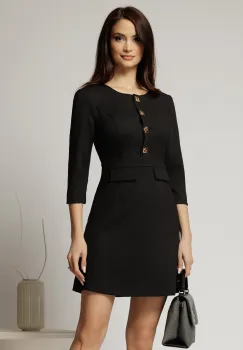 Rochie DY Fashion scurta neagra cu nasturi pe bust si fusta tip A imagine