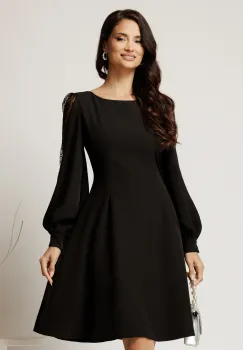 Rochie DY Fashion scurta neagra din stofa in clini cu maneci din tull cu buline imagine