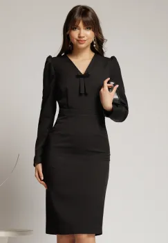 Rochie DY Fashion scurta neagra office conica cu decolteu in V si funda imagine