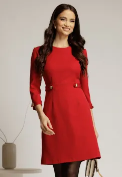 Rochie DY Fashion scurta rosie cu nasturi decorativi pe talie si maneci imagine