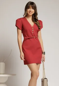Rochie DY Fashion scurta rosu caramiziu cu decolteu V si dantela imagine