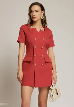 Rochie DY Fashion scurta rosu caramiziu tip sacou cu maneci scurte imagine