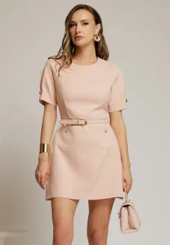 Rochie DY Fashion scurta roz cu buzunare pe fusta si maneci scurte imagine