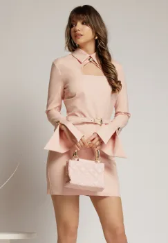 Rochie DY Fashion scurta roz cu guler tip camasa si accesoriu imagine