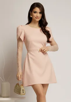 Rochie DY Fashion scurta roz cu maneci din dantela si curea in talie imagine