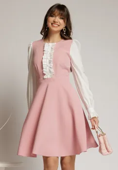 Rochie DY Fashion scurta roz cu maneci lungi din poplin si volanase imagine