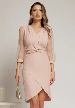 Rochie DY Fashion scurta roz cu talia impletita si maneci bufante imagine