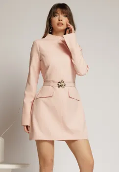 Rochie DY Fashion scurta roz din stofa cu clapete tip buzunare si curea in talie imagine