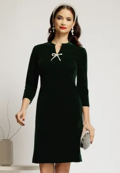 Rochie DY Fashion scurta verde din catifea fixa cu funda perla imagine