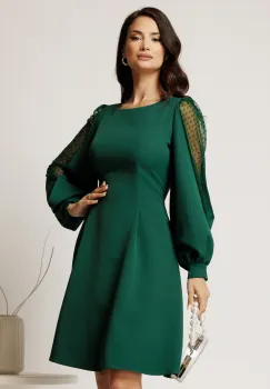 Rochie DY Fashion scurta verde din stofa in clini cu maneci din tull cu buline imagine
