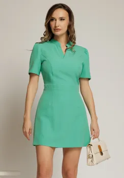 Rochie DY Fashion scurta verde menta cu mic decupaj in V la decolteu si fusta tip A imagine