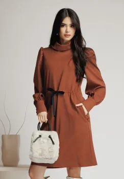 Rochie DY Fashion smart-casual din jerse maro cu snur in talie imagine