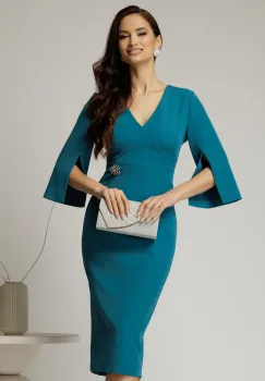 Rochie DY Fashion turcoaz conica cu maneci crapate si brosa detasabila imagine