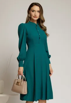 Rochie DY Fashion turcoaz din triplu voal cu guler tunica si nasturi tip floare imagine