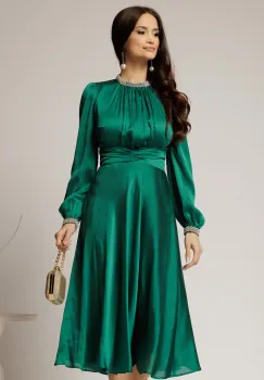 Rochie DY Fashion verde crud din voal cu perle la guler si maneci imagine