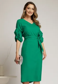 Rochie DY Fashion verde cu adaos de viscoza cu croi drept si maneci bufante imagine