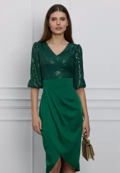 Rochie Dy Fashion verde cu paiete la bust si fusta din satin imagine