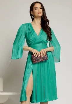 Rochie DY Fashion verde de ocazie din voal peliculizat cu maneci crapate imagine