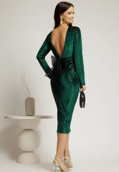 Rochie DY Fashion verde din catifea cu paiete si funda maxi la spate imagine