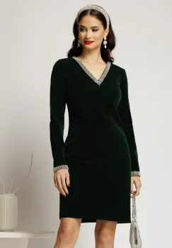 Rochie DY Fashion verde din catifea fixa cu perle la decolteu si maneci imagine