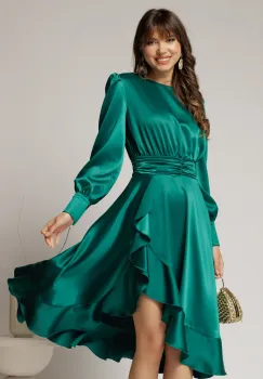 Rochie DY Fashion verde din satin plin cu croi asimetric imagine