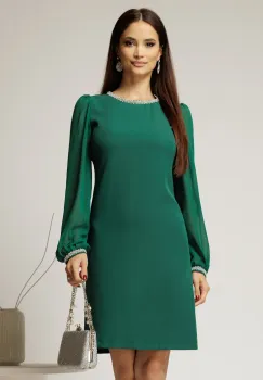 Rochie DY Fashion verde eleganta cu maneci din voal si aplicatii la decolteu imagine