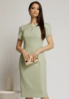 Rochie DY Fashion verde fistic conica cu maneci scurte lalea si accesoriu la decolteu imagine