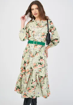 Rochie DY Fashion verde fistic cu imprimeu floral orange si curea in talie imagine