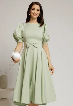 Rochie DY Fashion verde fistic din stofa in clos cu funda in talie imagine