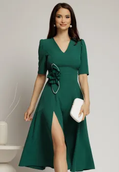 Rochie DY Fashion verde midi cu detaliu floral pe talie si decolteu in V imagine