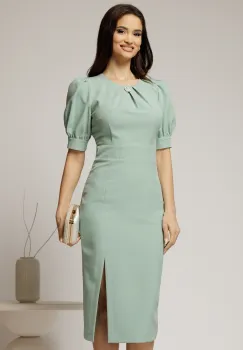 Rochie DY Fashion vernil conica cu maneci bufante scurte si detaliu la decolteu imagine