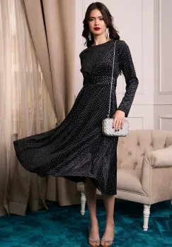 Rochie eleganta din catifea neagra cu strasuri si curea in talie imagine